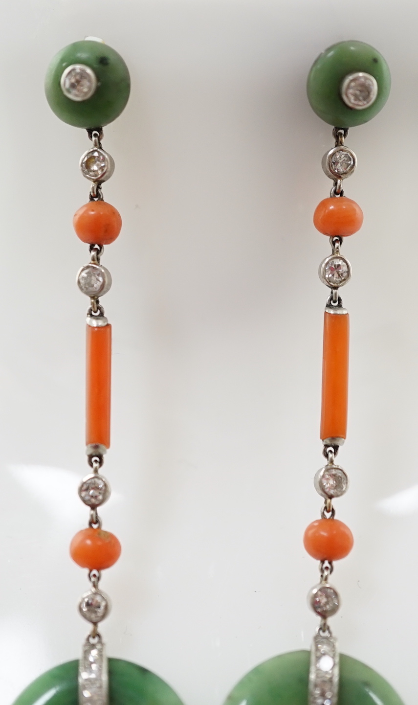 A pair of Art Deco Marzo platinum?, jadeite disc, coral and diamond set drop earrings